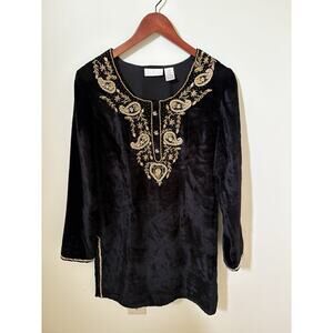 Soft Surroundings Womens Size S Tunic Top Black Crushed Velvet Gold Sequin Beads